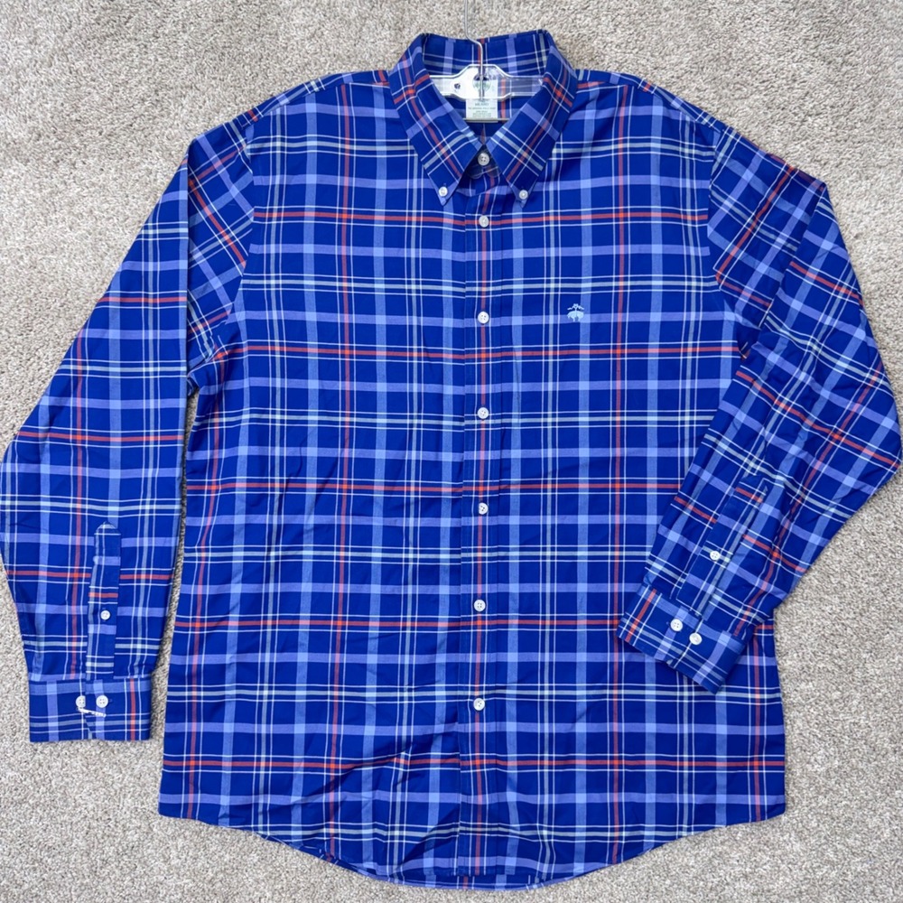 Brooks Brothers Shirt Mens XL Milano Blue Plaid Non-Iron Button Down EUC
